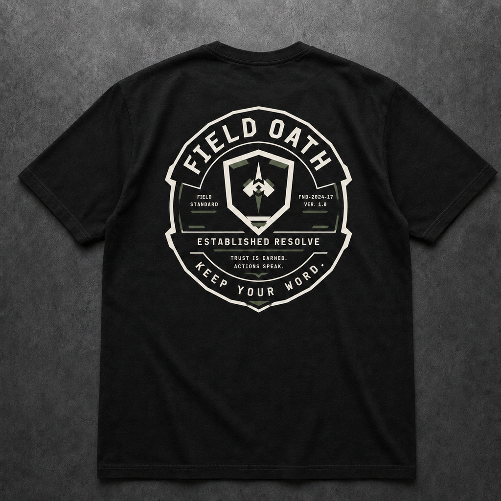 FIELD OATH Established Resolve T-Shirt back view in black with original FIELD OATH equipment seal