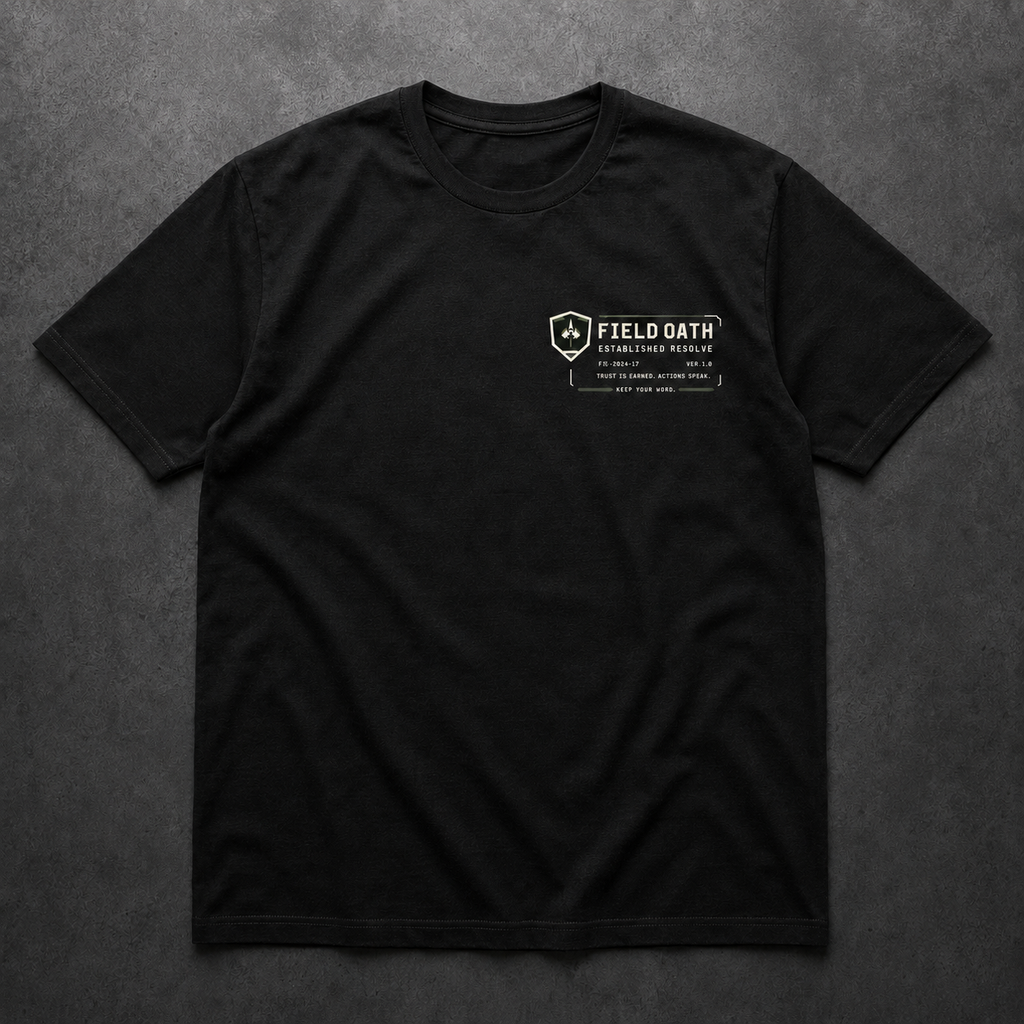 FIELD OATH Established Resolve T-Shirt front view in black with FIELD OATH chest identifier