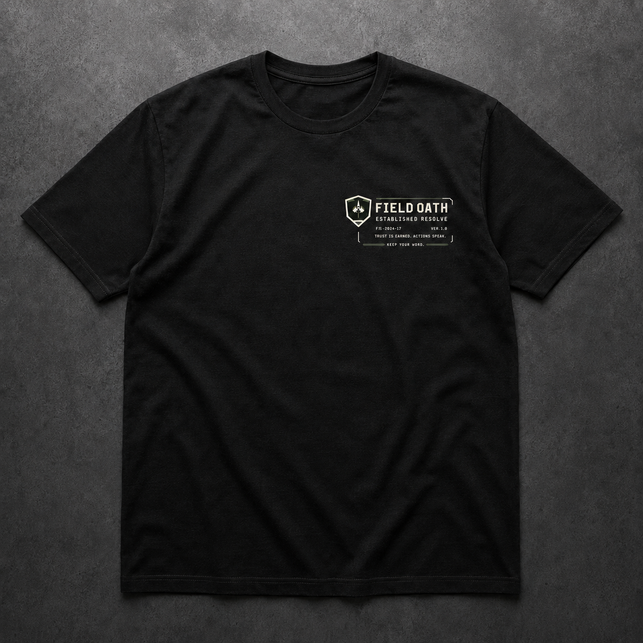 FIELD OATH Established Resolve T-Shirt front view in black with FIELD OATH chest identifier