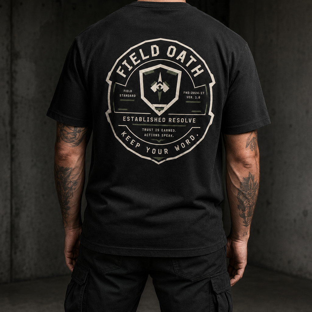 Black FIELD OATH Established Resolve T-Shirt worn from the back without a visible face