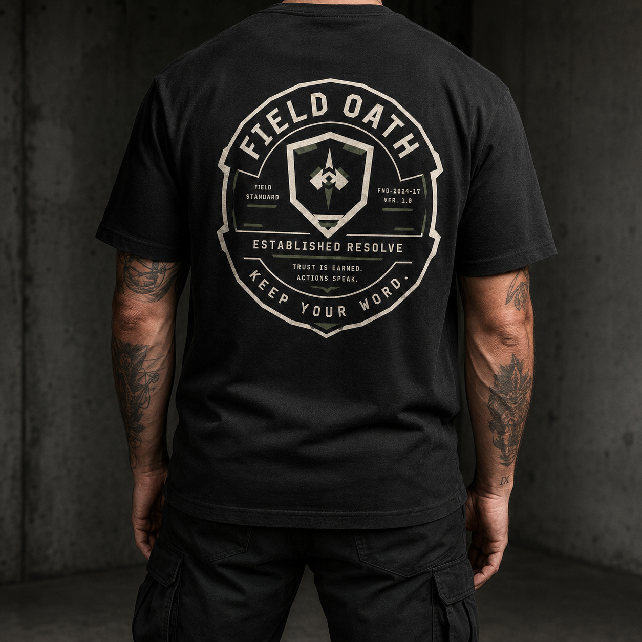 Black FIELD OATH Established Resolve T-Shirt worn from the back without a visible face