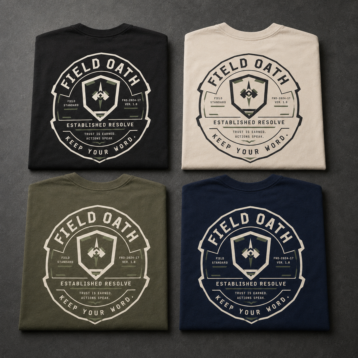 Black, bone, field olive and navy FIELD OATH Established Resolve T-Shirt back color comparison