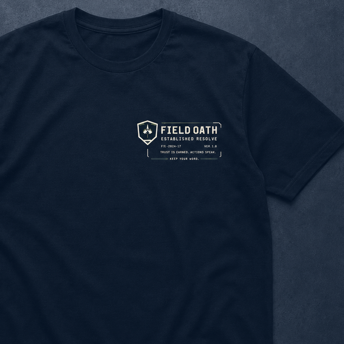 Navy FIELD OATH Established Resolve T-Shirt collar, sleeve and 160 gsm cotton detail