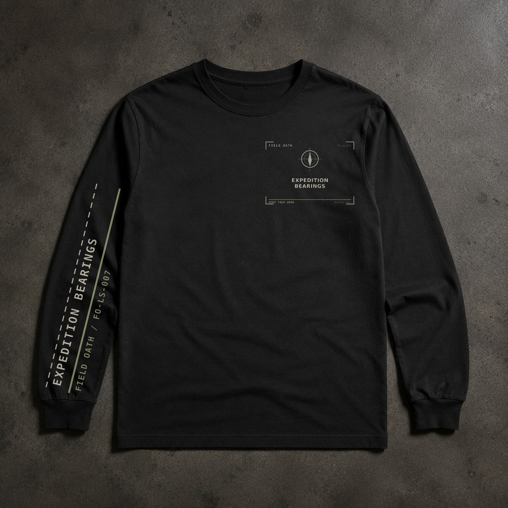 FIELD OATH Expedition Bearings Long Sleeve black long sleeve front artwork on dark concrete