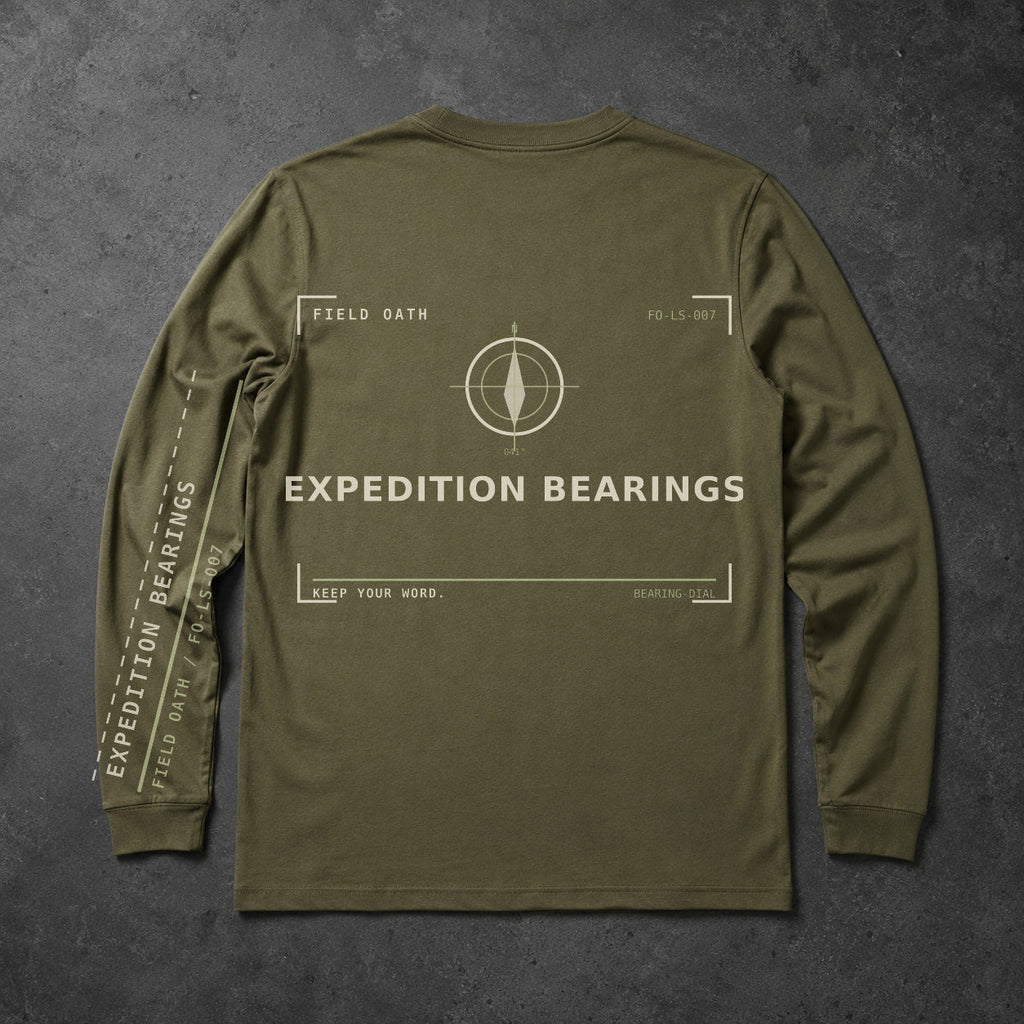 FIELD OATH Expedition Bearings Long Sleeve field olive long sleeve large back artwork on dark concrete
