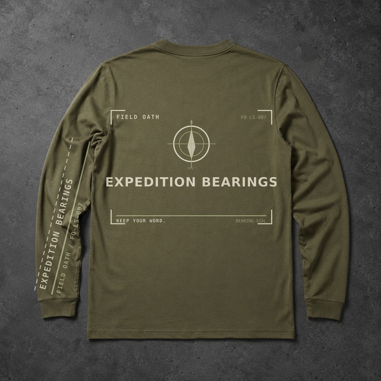 FIELD OATH Expedition Bearings Long Sleeve field olive long sleeve large back artwork on dark concrete