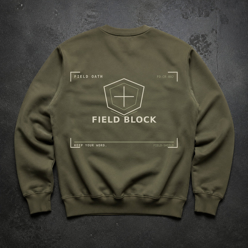 FIELD OATH Field Block Crewneck field olive crewneck large back artwork on dark concrete