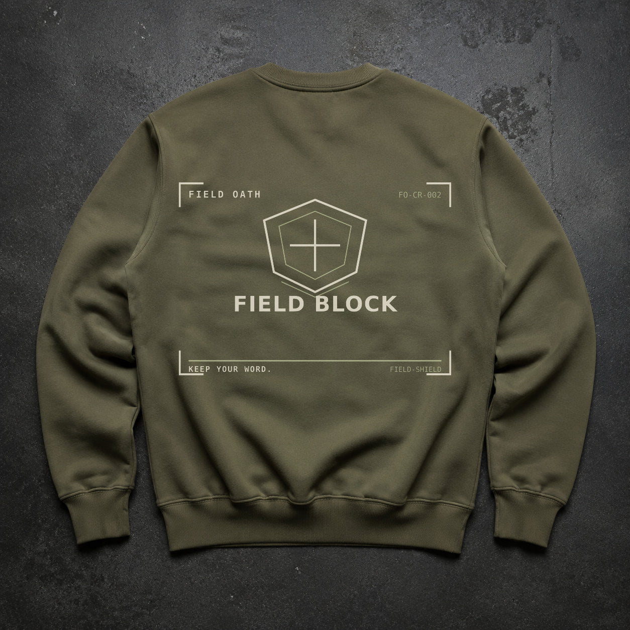 FIELD OATH Field Block Crewneck field olive crewneck large back artwork on dark concrete