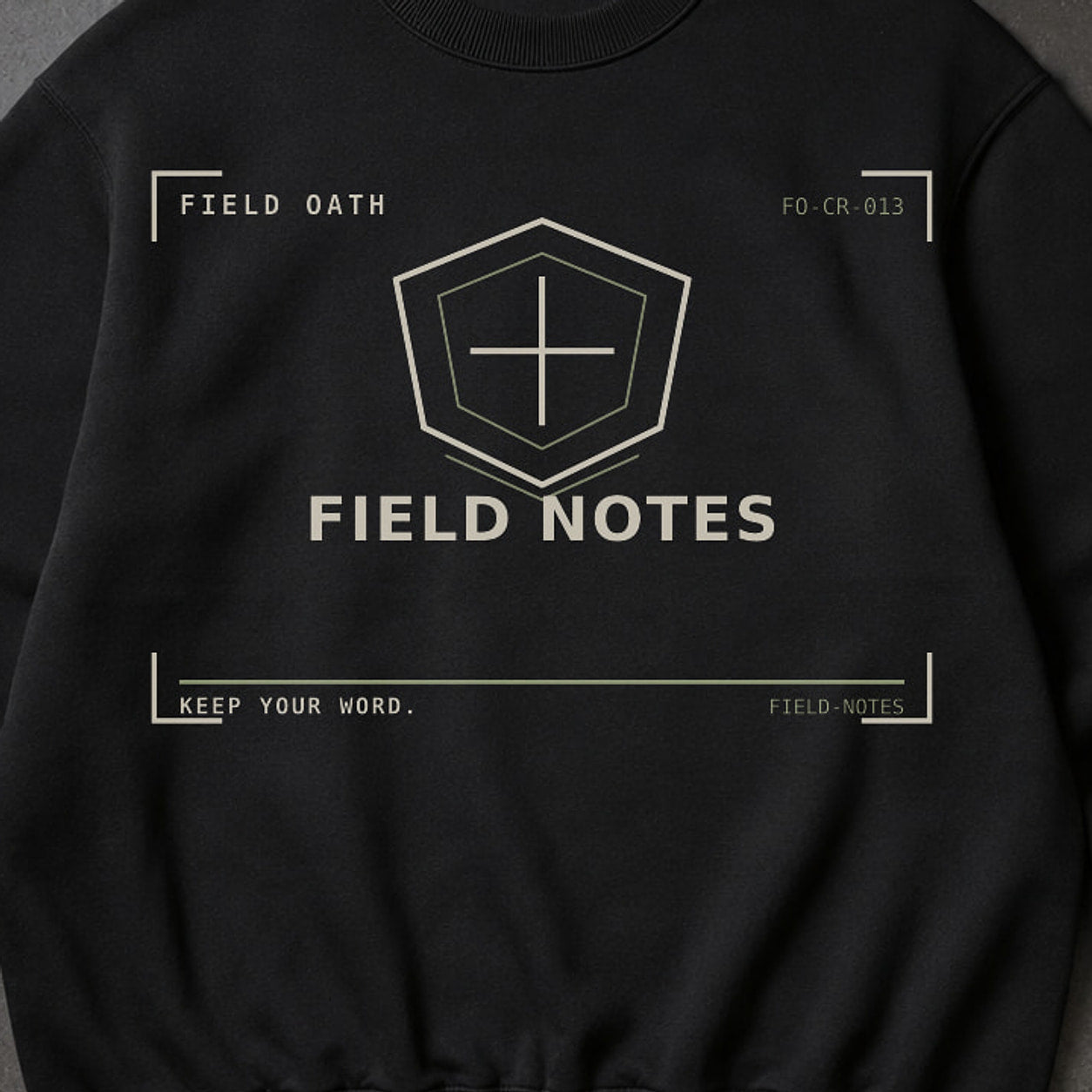 FIELD OATH Field Notes Crewneck close-up of original tactical artwork and fabric texture