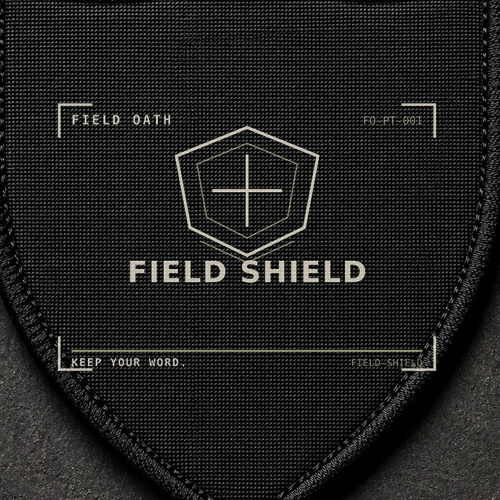 FIELD OATH Field Shield Patch close-up showing woven face, stitched border and embroidery detail