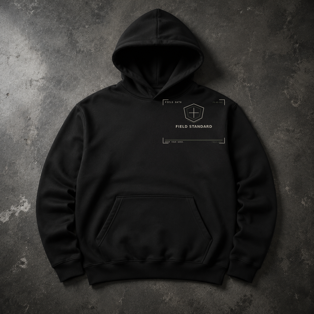 FIELD OATH Field Standard Hoodie black hoodie front artwork on dark concrete
