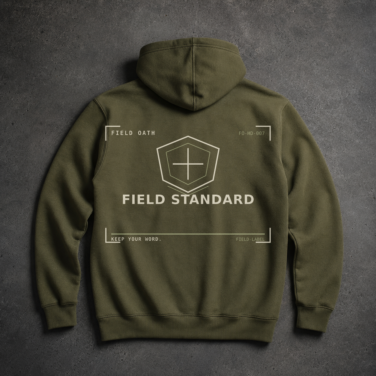 FIELD OATH Field Standard Hoodie field olive hoodie large back artwork on dark concrete