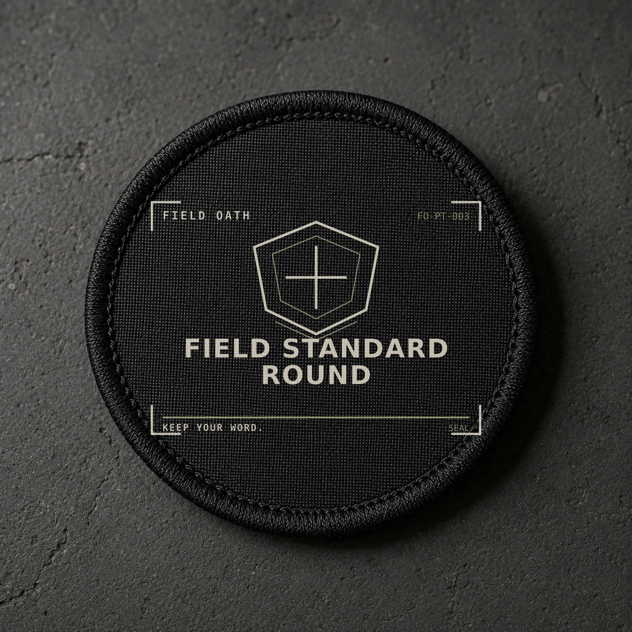 FIELD OATH Field Standard Round Patch round black embroidered patch with original FIELD OATH artwork