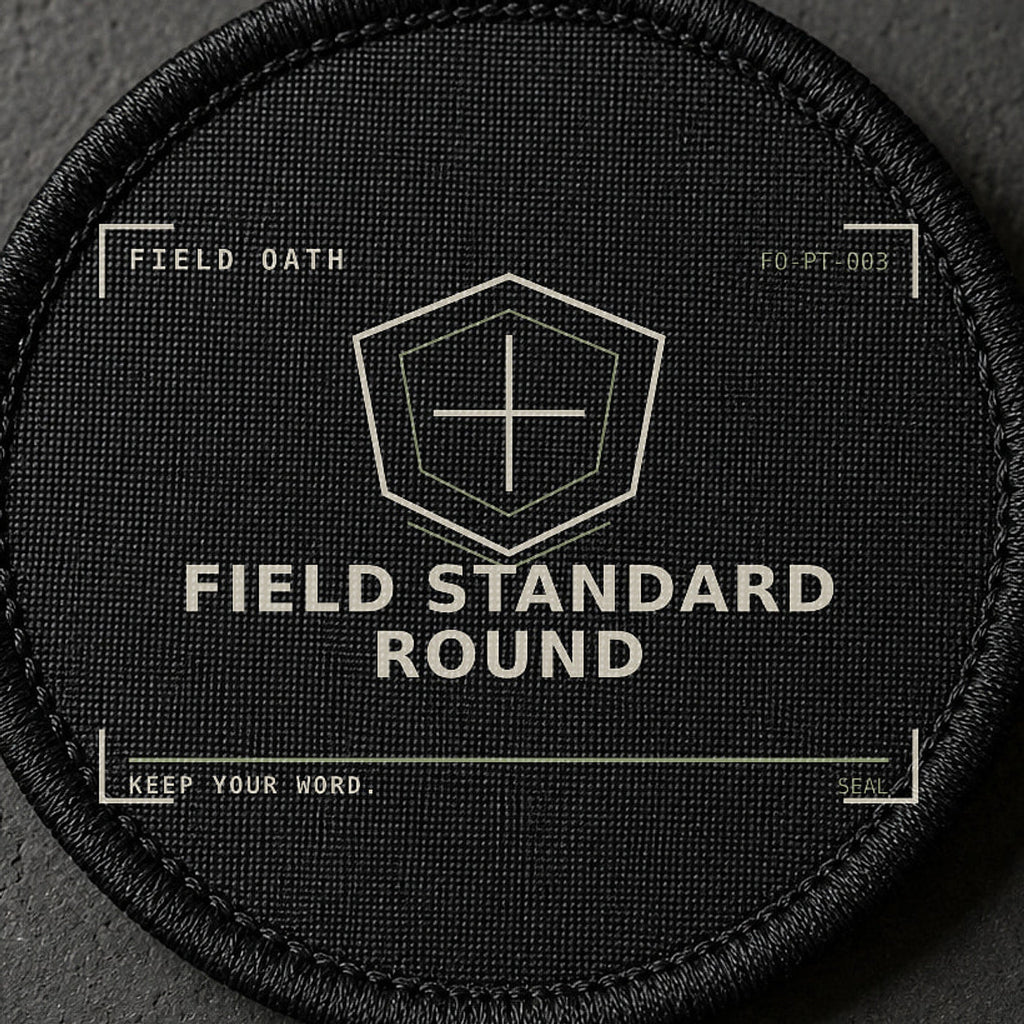 FIELD OATH Field Standard Round Patch close-up showing woven face, stitched border and embroidery detail