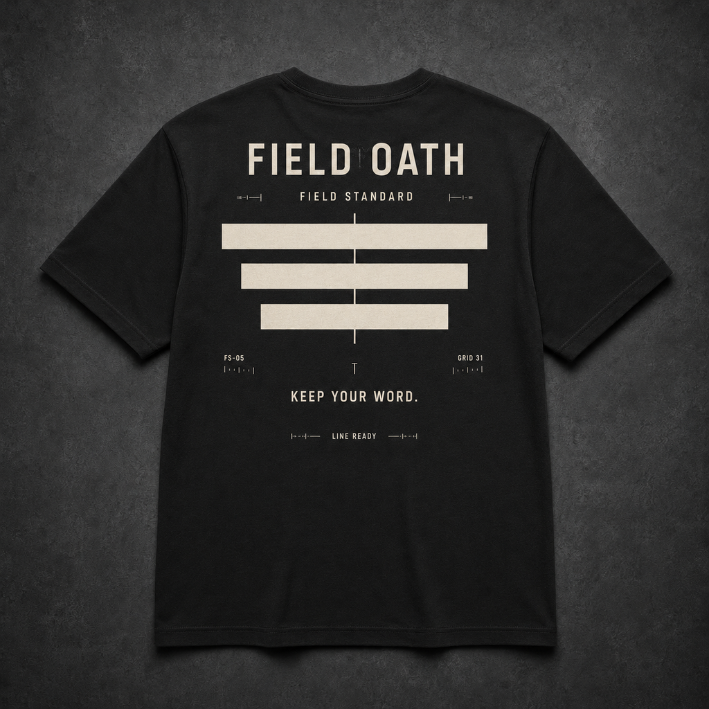 FIELD OATH Field Standard T-Shirt back in black with three rank bars and KEEP YOUR WORD.