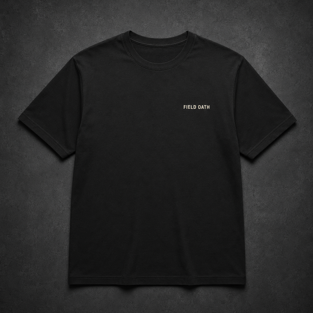 FIELD OATH Field Standard T-Shirt front view in black with small FIELD OATH chest identifier