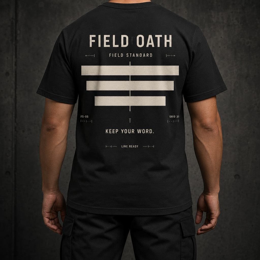 Black FIELD OATH Field Standard T-Shirt worn from the back with tactical trousers and no visible face