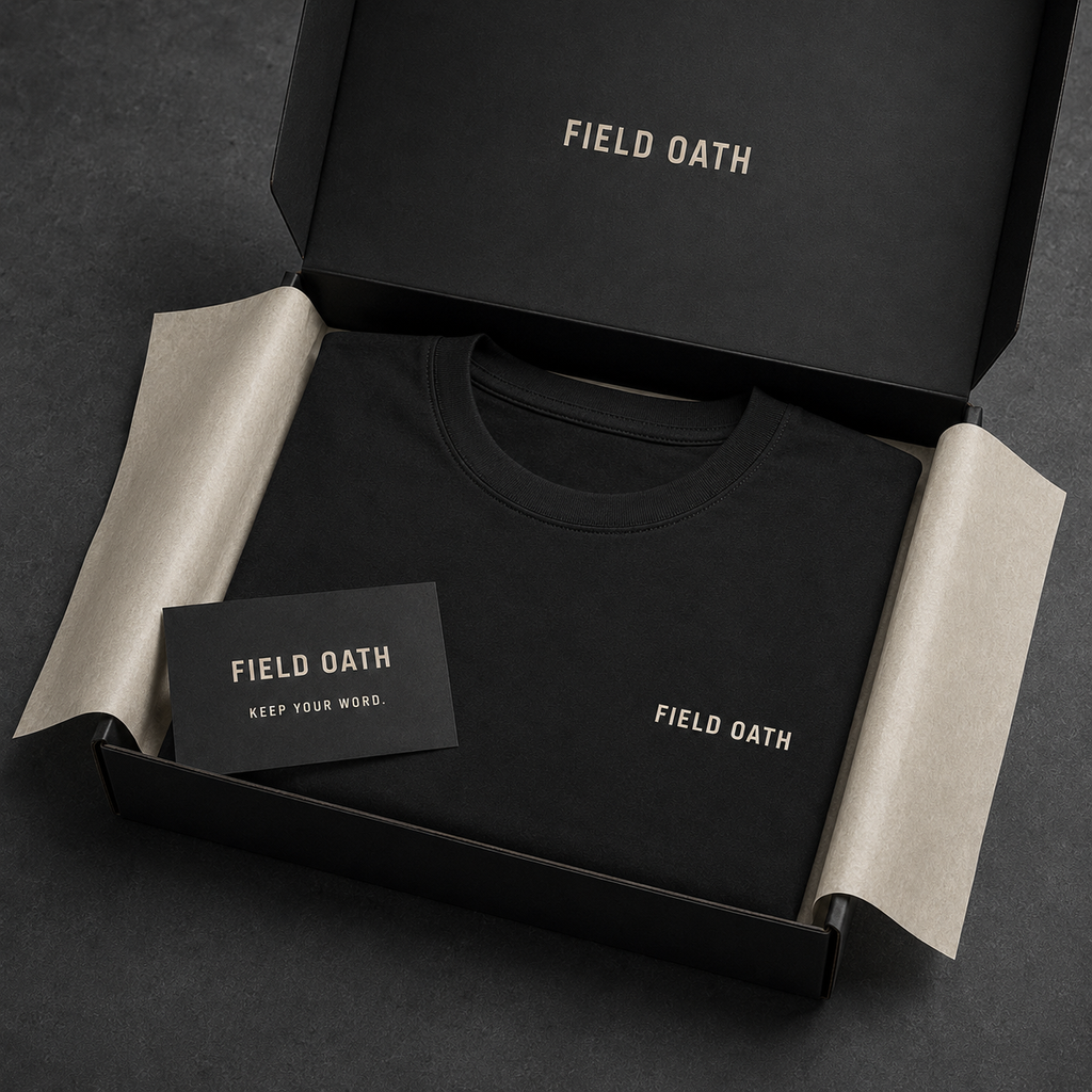 Black FIELD OATH Field Standard T-Shirt folded inside FIELD OATH tactical packaging