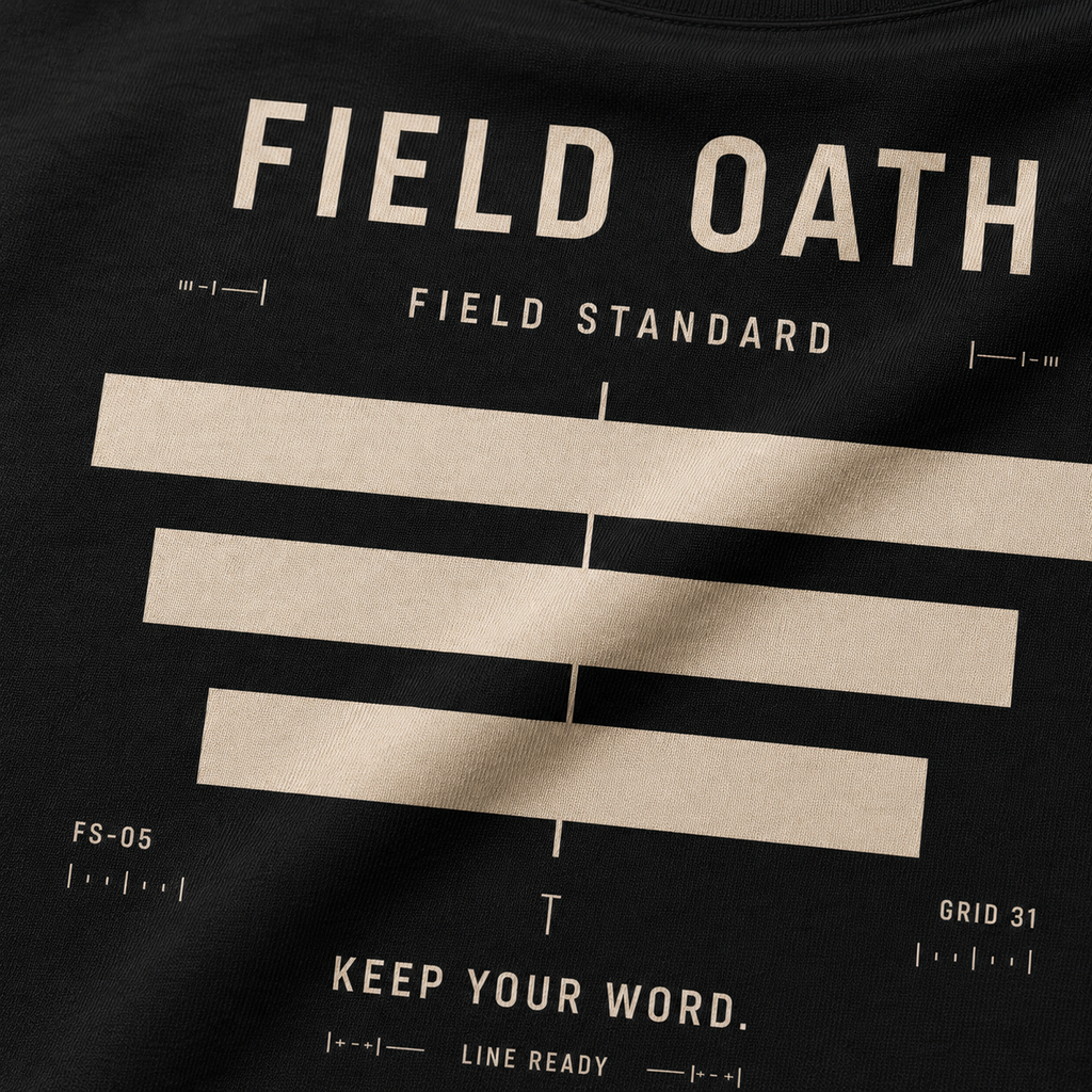 Close-up of FIELD OATH Field Standard T-Shirt rank-bar print and technical typography