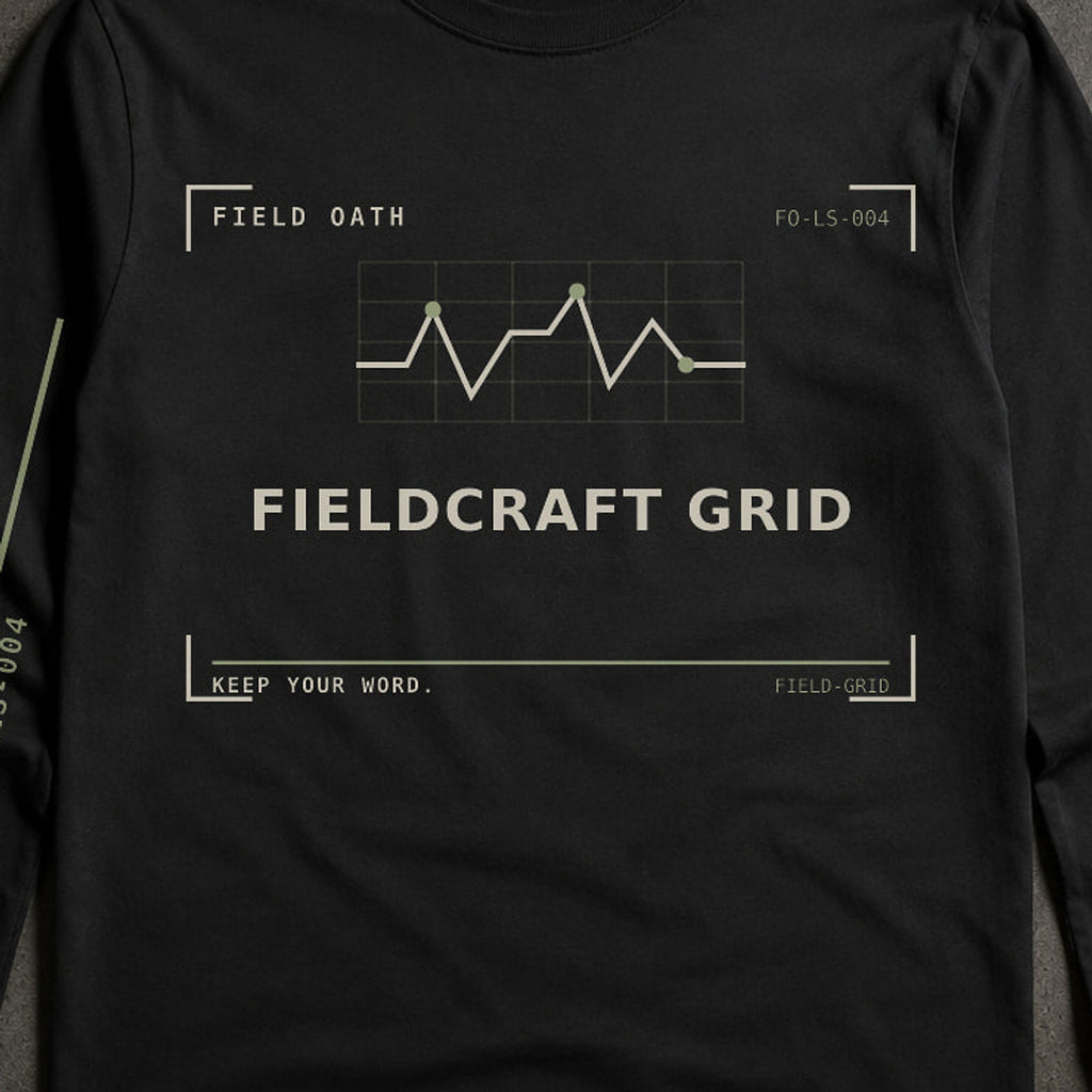 FIELD OATH Fieldcraft Grid Long Sleeve close-up of original tactical artwork and fabric texture