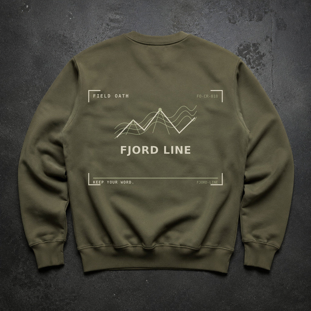FIELD OATH Fjord Line Crewneck field olive crewneck large back artwork on dark concrete