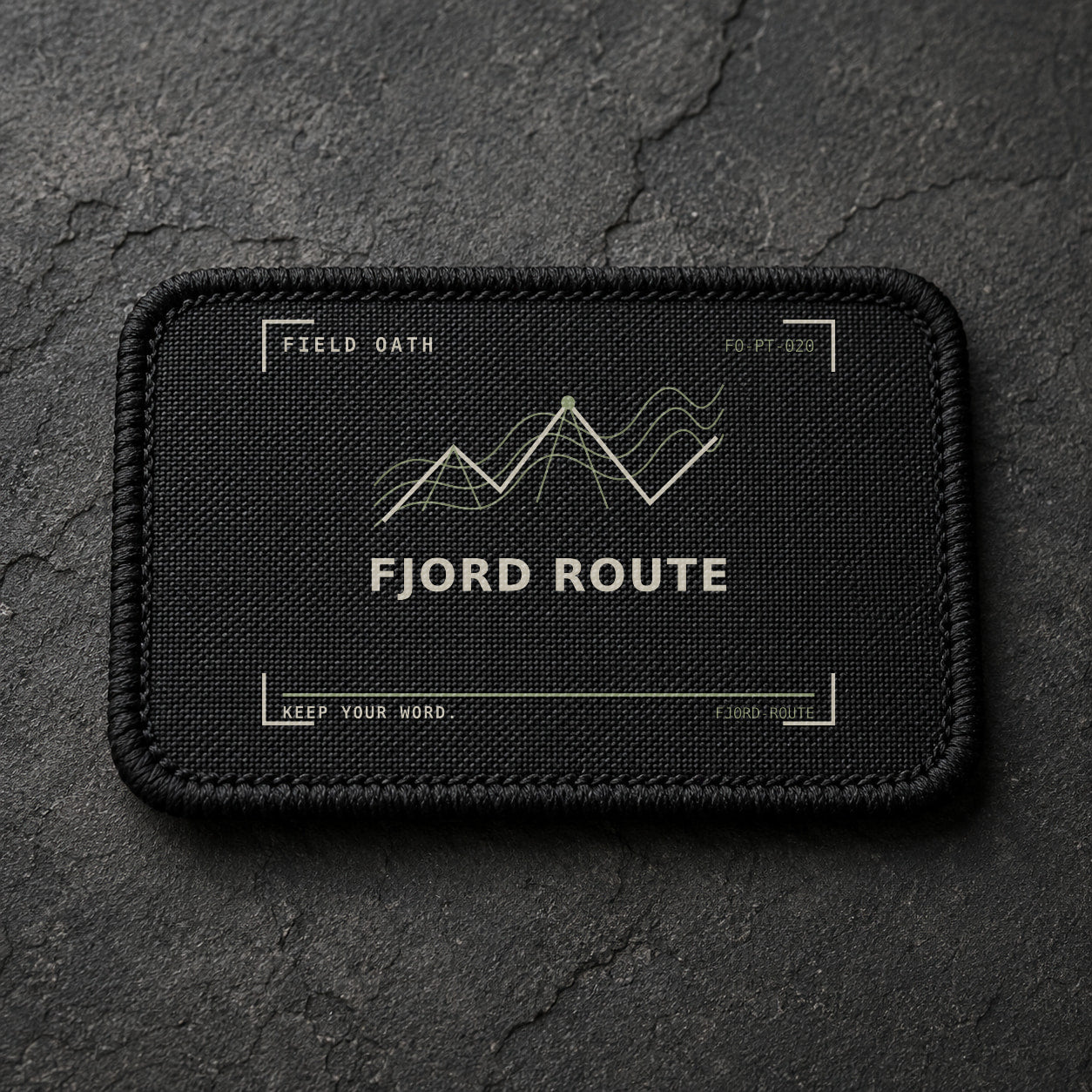 FIELD OATH Fjord Route Patch rectangular black embroidered patch with original FIELD OATH artwork