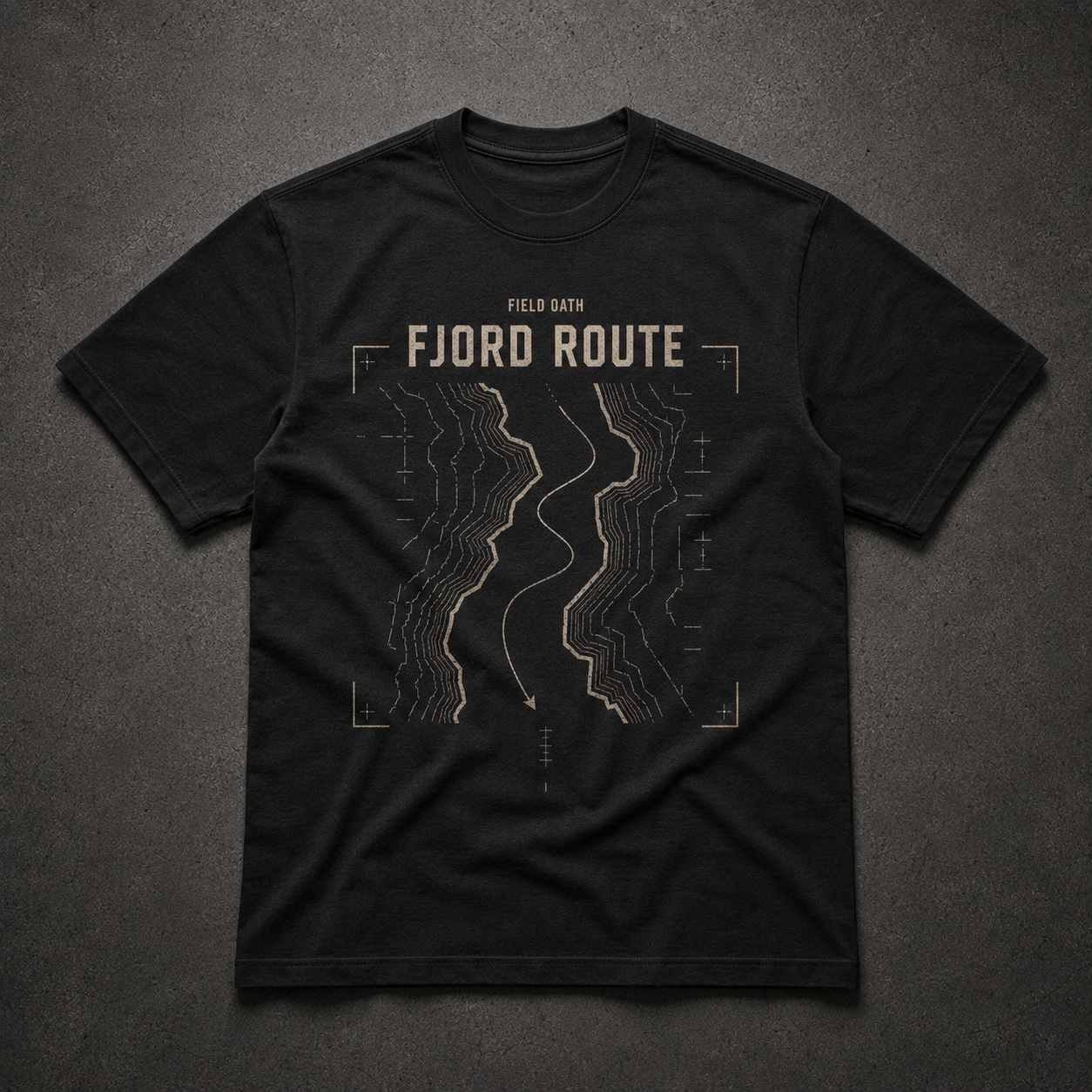 Black FIELD OATH Fjord Route T-Shirt front flat lay with cold-water channel route graphic