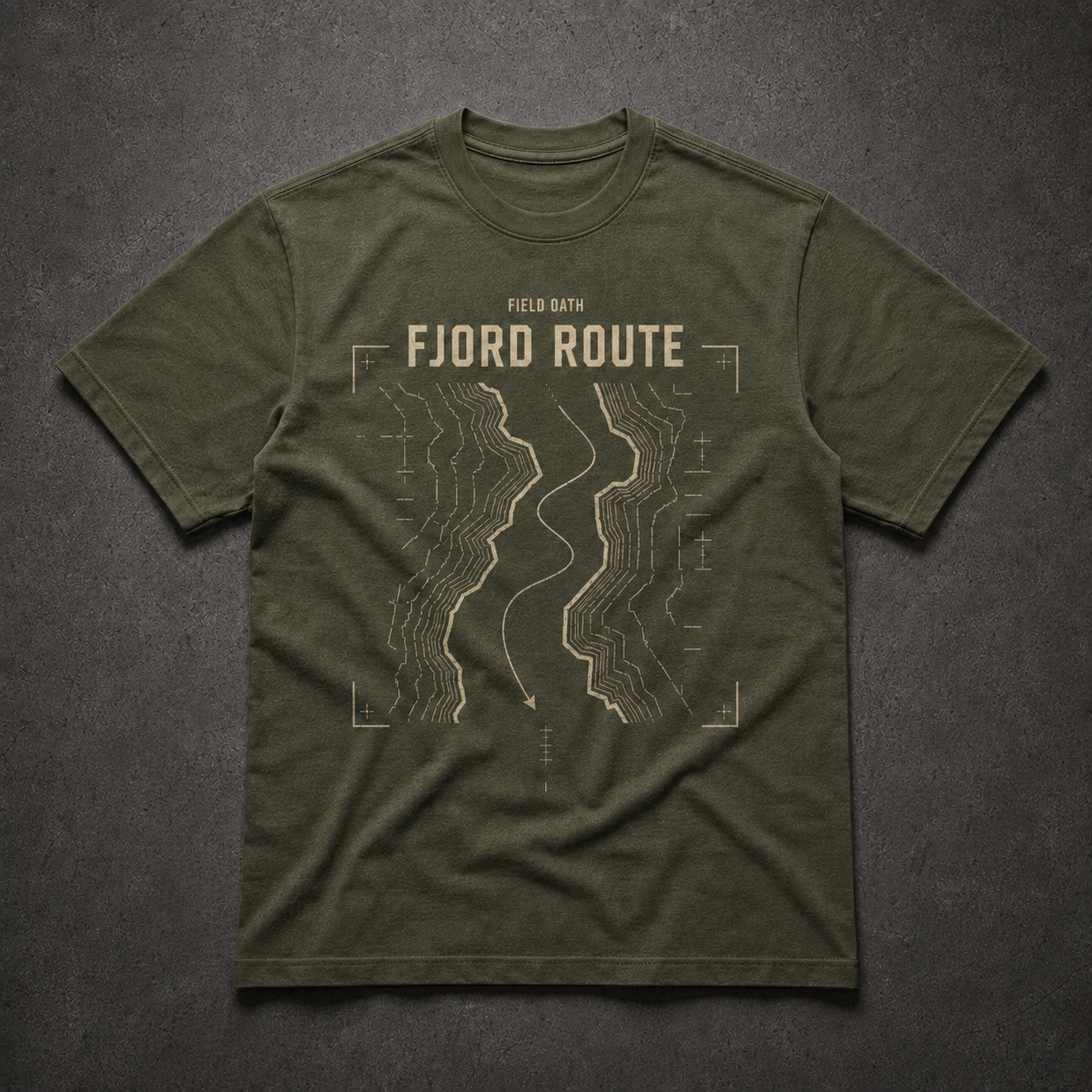 Field olive FIELD OATH Fjord Route T-Shirt front flat lay with matching channel route artwork
