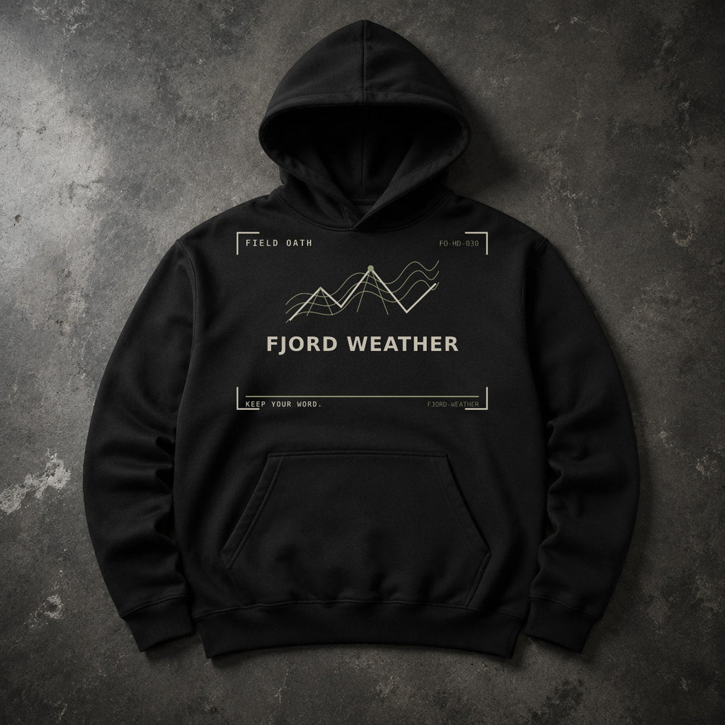 FIELD OATH Fjord Weather Hoodie black hoodie front artwork on dark concrete