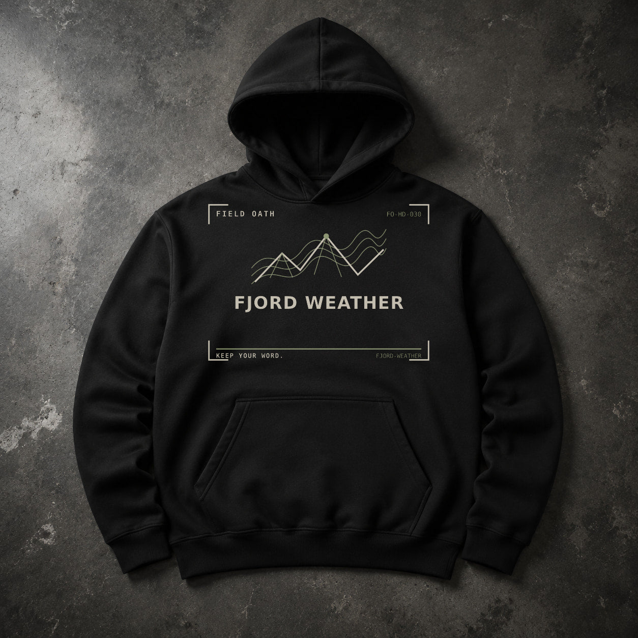 FIELD OATH Fjord Weather Hoodie black hoodie front artwork on dark concrete