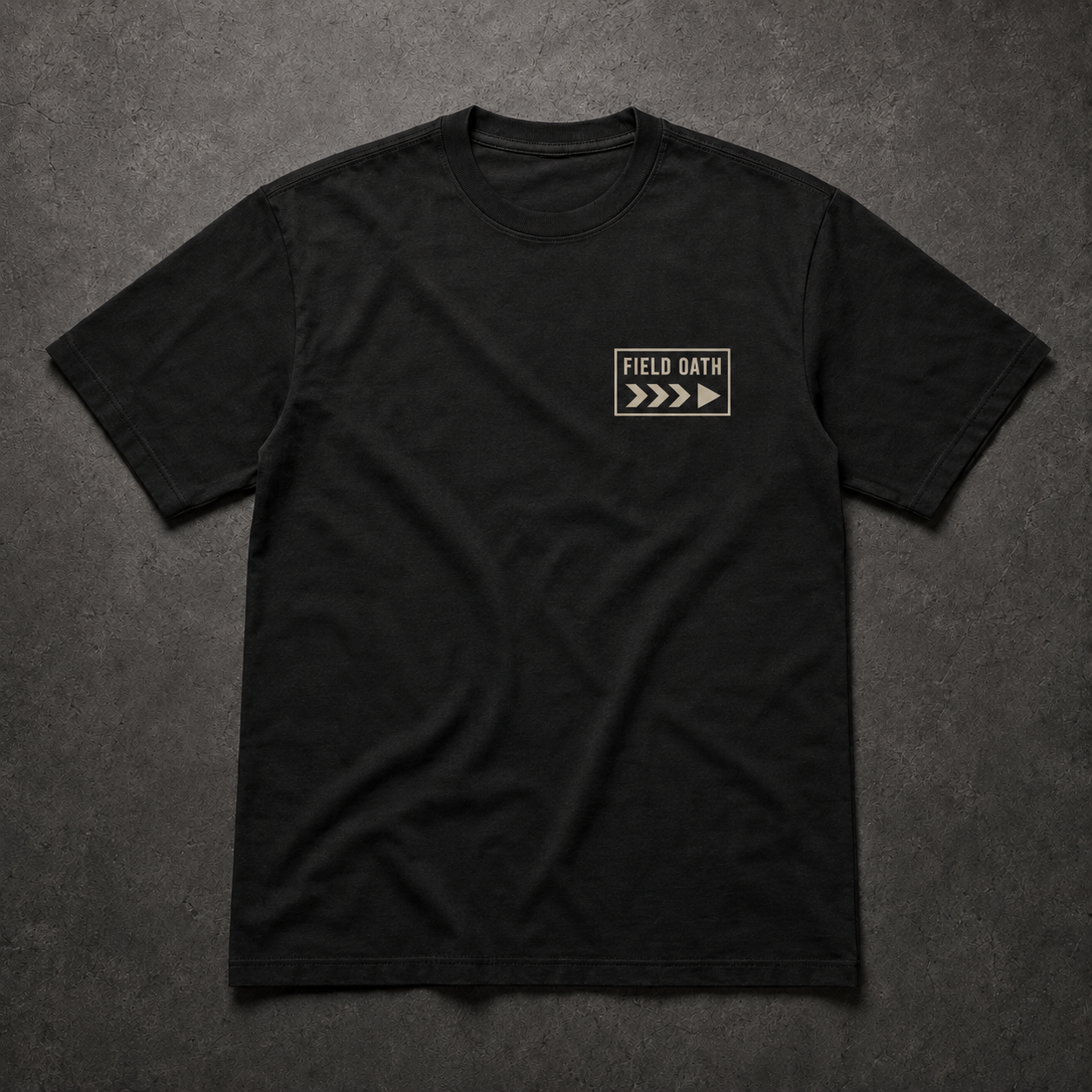 Black FIELD OATH Forward by Foot T-Shirt front flat lay with compact forward trail-mark chest identifier