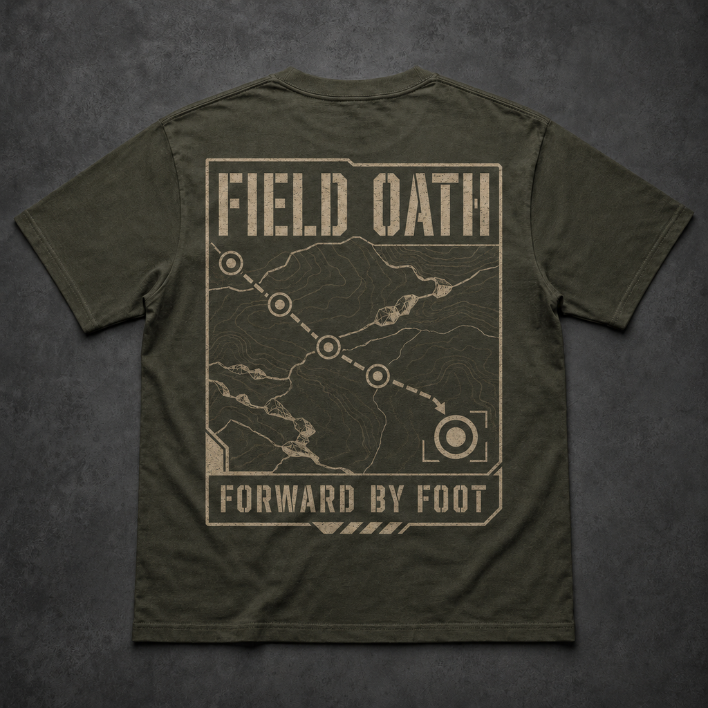 Field olive FIELD OATH Forward by Foot T-Shirt back flat lay with reconnaissance trail marks and confirmed movement point