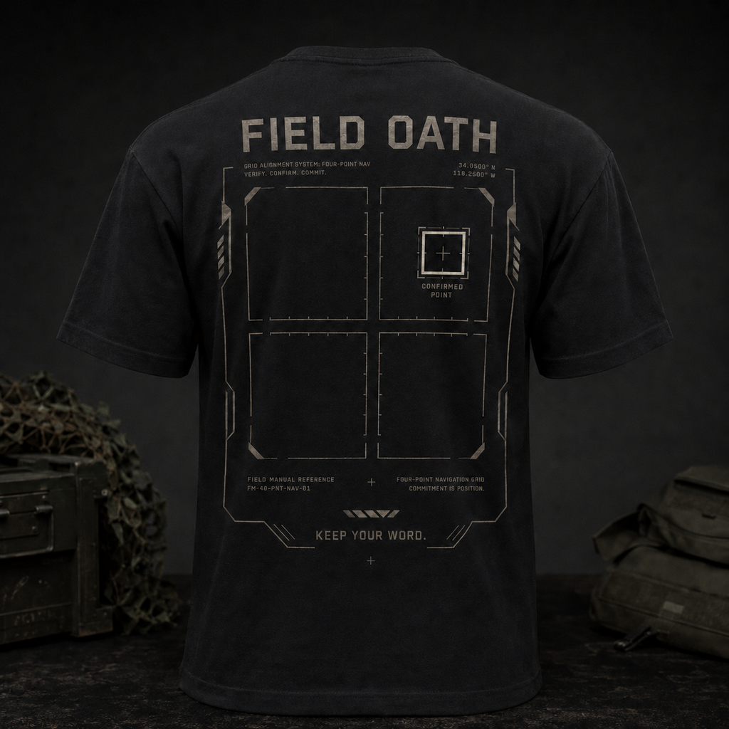 FIELD OATH Four Point T-Shirt black back with broken four-point grid and confirmed square