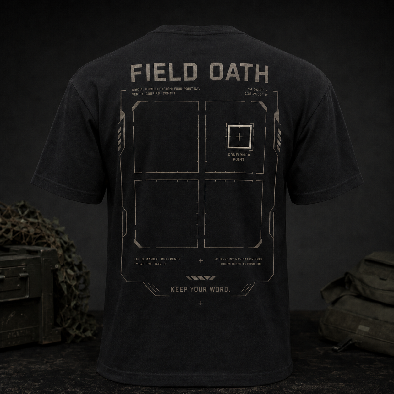 FIELD OATH Four Point T-Shirt black back with broken four-point grid and confirmed square