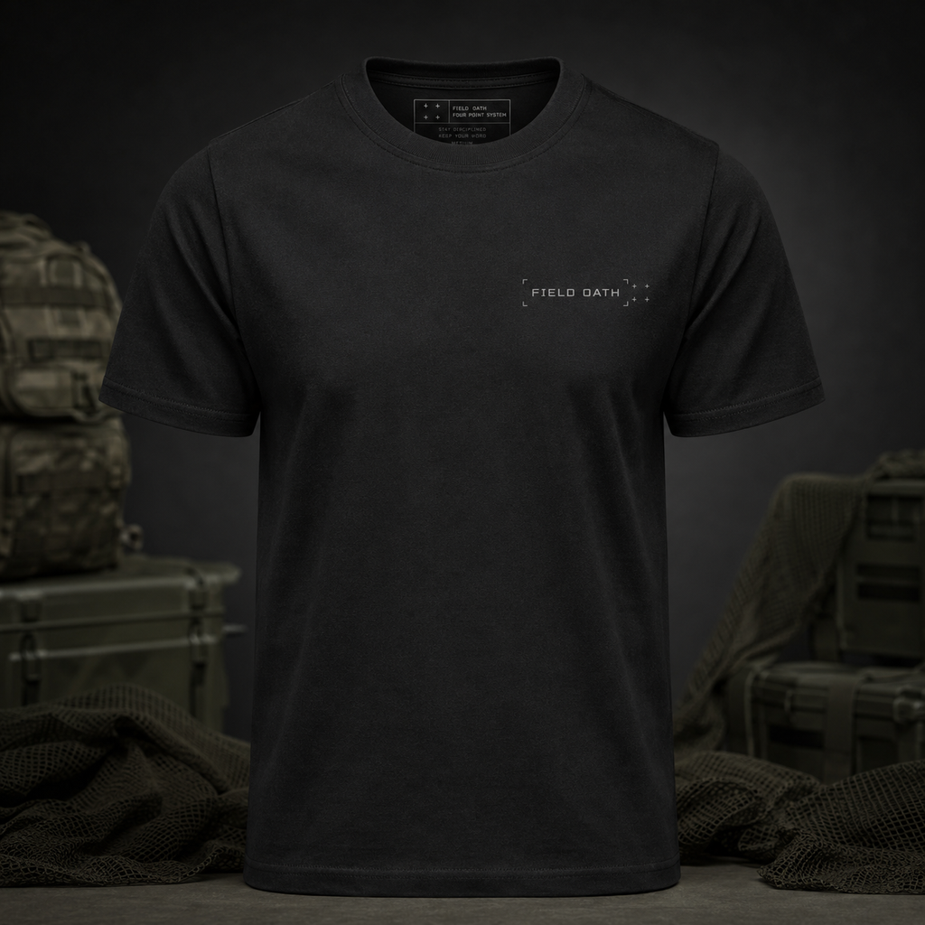 FIELD OATH Four Point T-Shirt front view in black with FIELD OATH chest identifier
