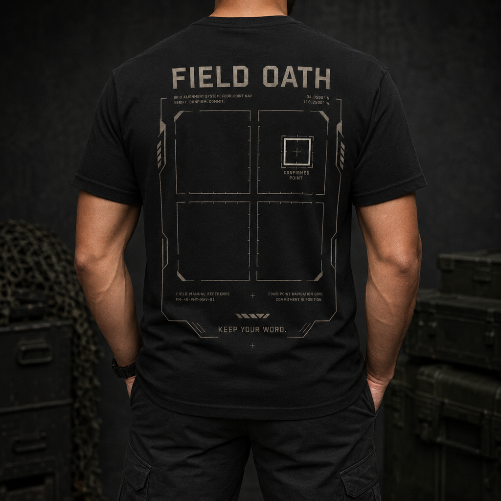 Black FIELD OATH Four Point T-Shirt worn from the back without a visible face