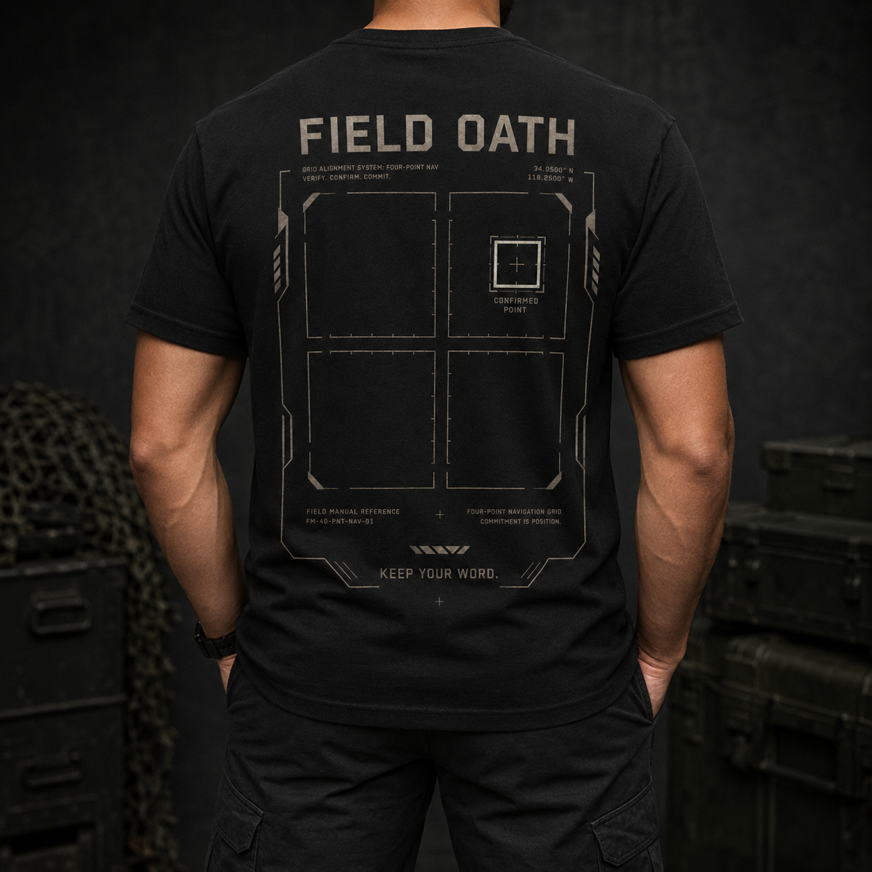 Black FIELD OATH Four Point T-Shirt worn from the back without a visible face