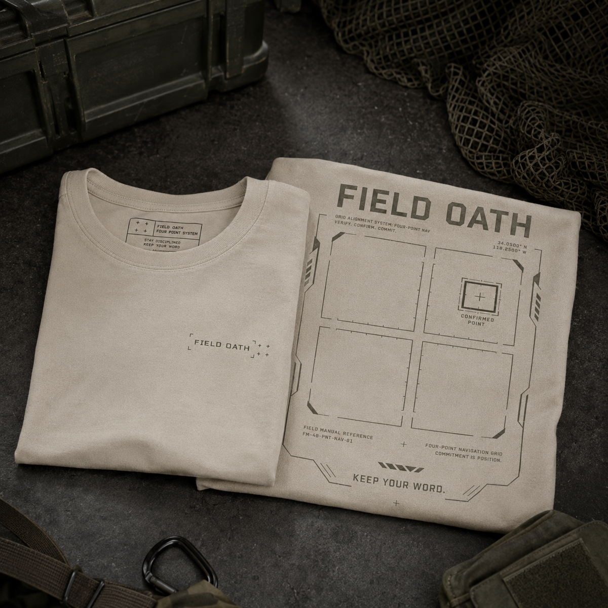 Bone FIELD OATH Four Point T-Shirt folded on a dark concrete equipment table