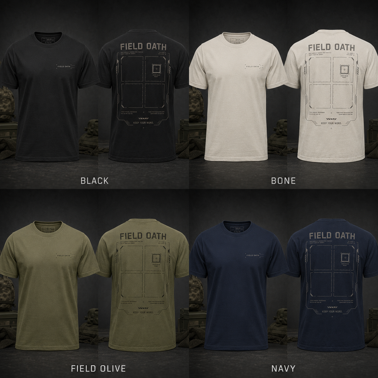 Black, bone, field olive and navy FIELD OATH Four Point T-Shirt colour comparison