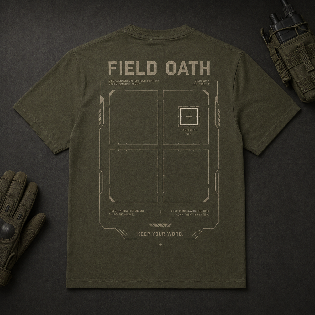 Field olive FIELD OATH Four Point T-Shirt back flat lay with navigation grid artwork