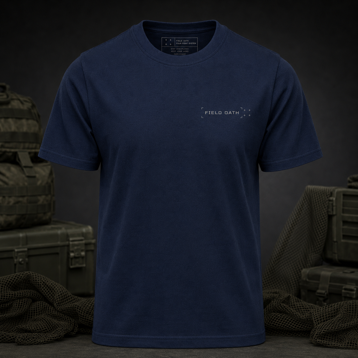 Navy FIELD OATH Four Point T-Shirt front, collar and 160 gsm cotton detail