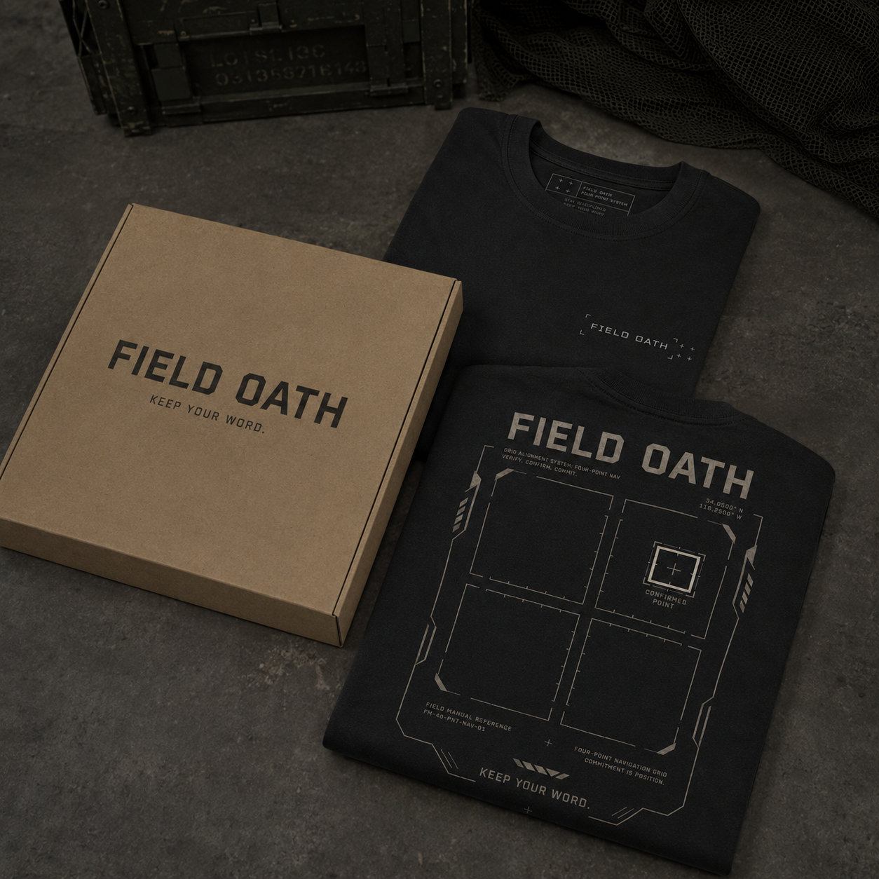 FIELD OATH Four Point T-Shirt folded beside recyclable FIELD OATH packaging