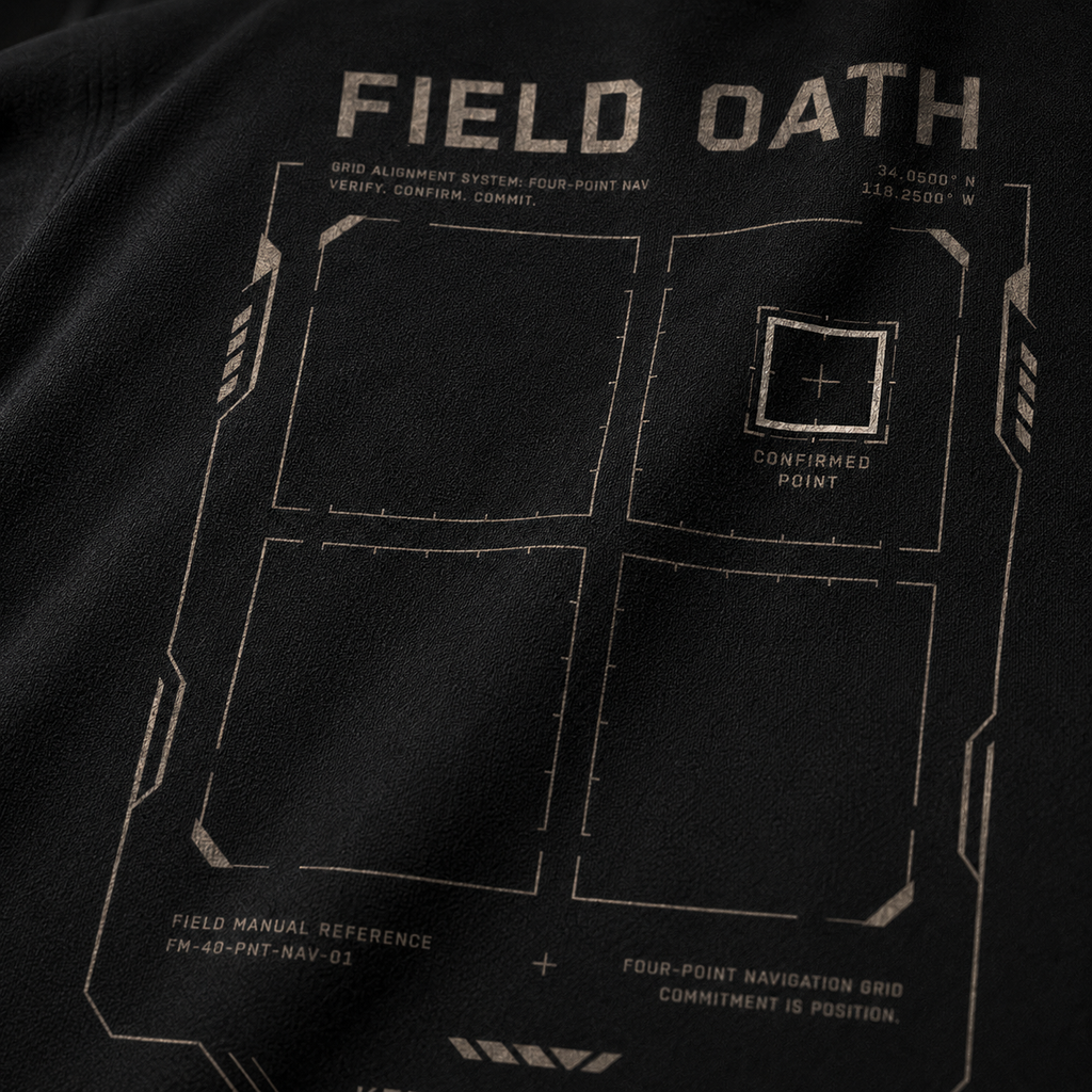 Close-up of FIELD OATH Four Point T-Shirt navigation grid and technical typography