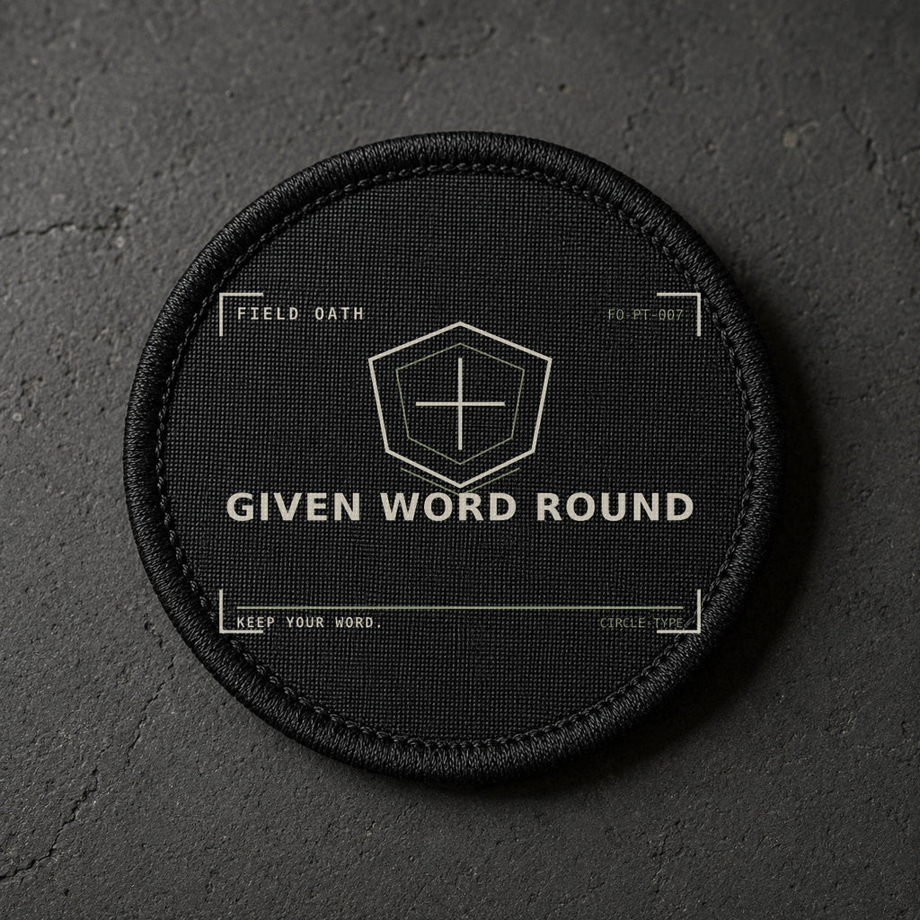 FIELD OATH Given Word Round Patch round black embroidered patch with original FIELD OATH artwork