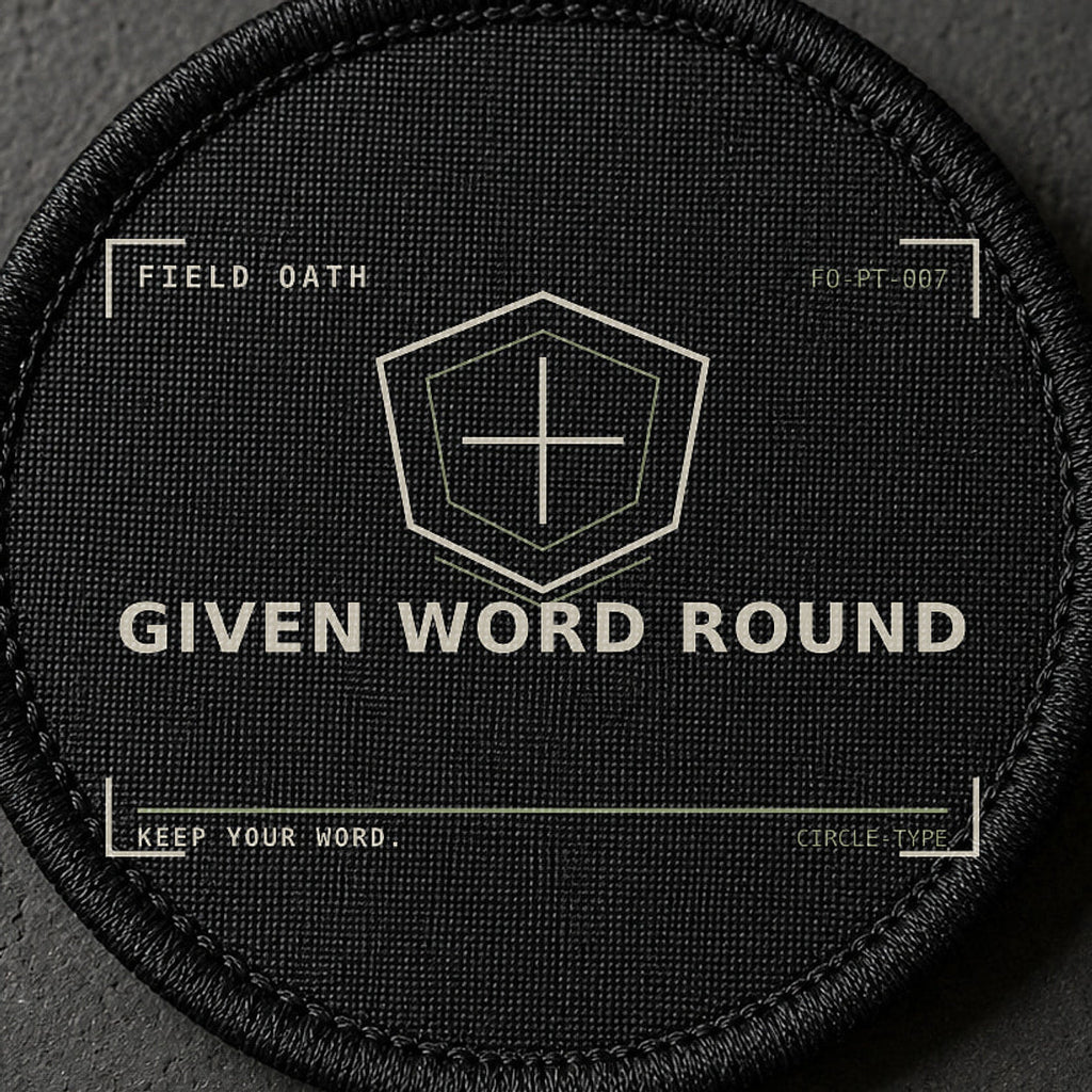 FIELD OATH Given Word Round Patch close-up showing woven face, stitched border and embroidery detail