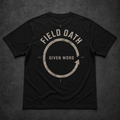 Black FIELD OATH Given Word T-Shirt back flat lay with incomplete commitment ring graphic