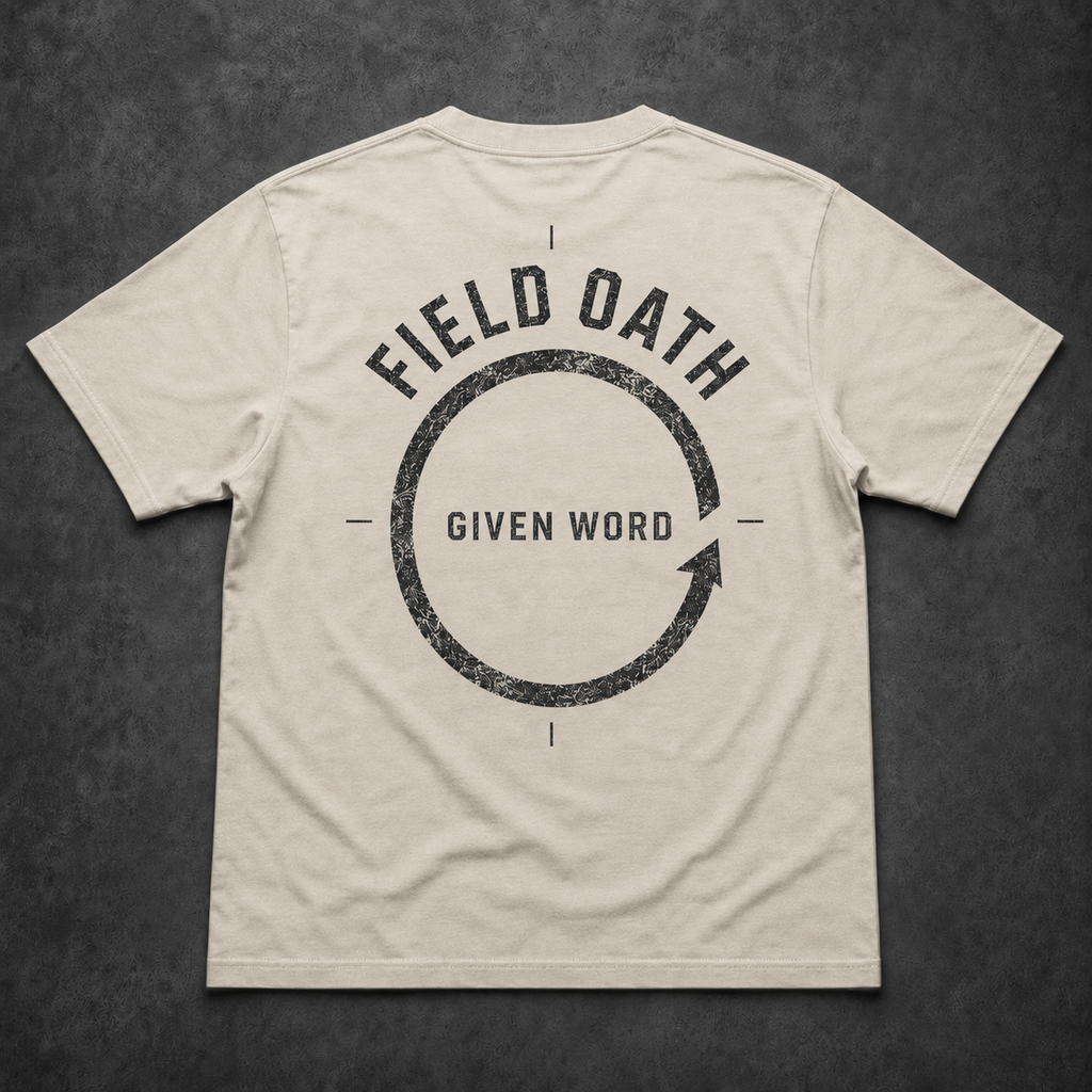Bone FIELD OATH Given Word T-Shirt back flat lay with matching open-ring artwork