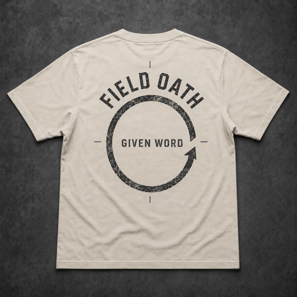 Bone FIELD OATH Given Word T-Shirt back flat lay with matching open-ring artwork