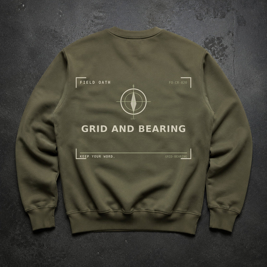 FIELD OATH Grid and Bearing Crewneck field olive crewneck large back artwork on dark concrete