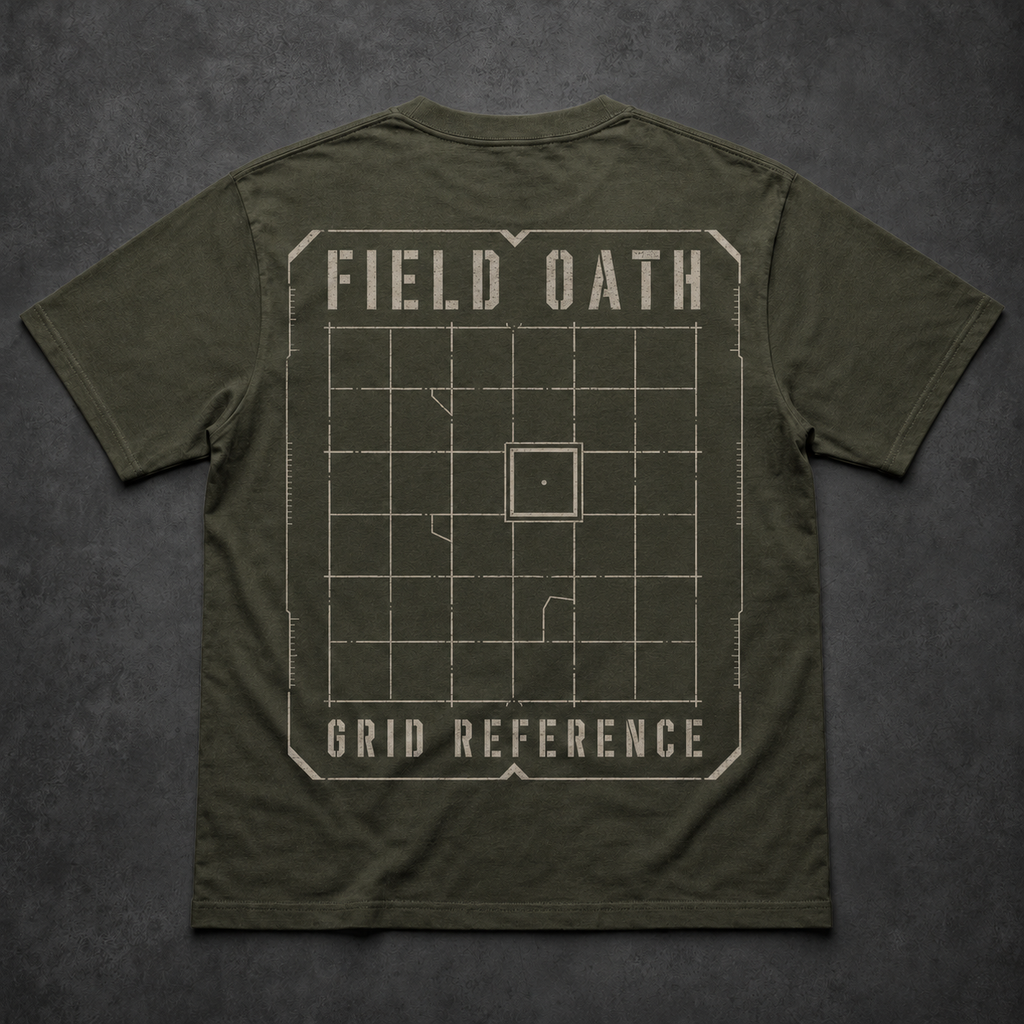 Field olive FIELD OATH Grid Reference T-Shirt back flat lay with broken navigation grid and confirmed square